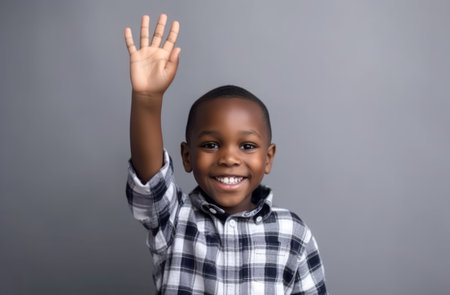 African boy rise hand. Model skin. Generate AIの素材