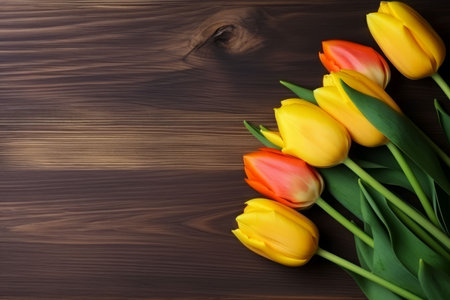 Tulips flowers wooden background. Wedding gift Generate AIの素材