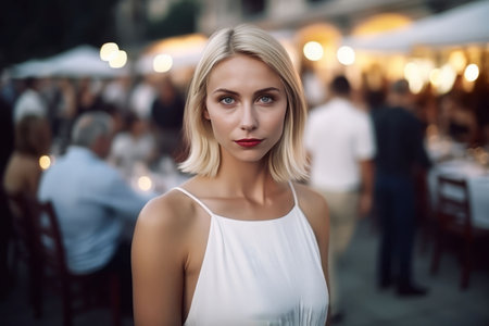 Blonde woman white dress. model woman. Generate AIの素材