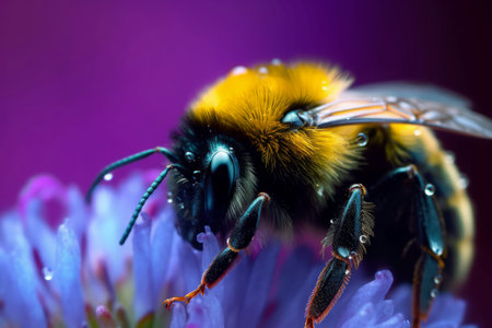 Macro bee drops violet flower. Blossom nature. Generate AIの素材