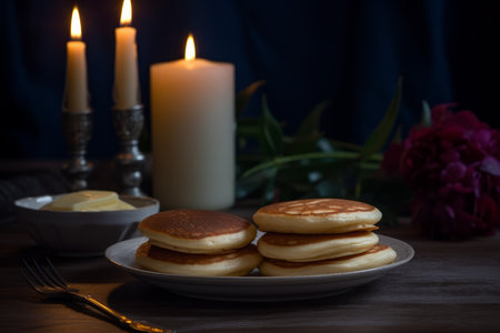 Pancakes candles. Meal love table. Generate AIの素材