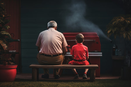 Old man and boy near the grill. Happy son. Generate AIの素材