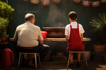 Old man and boy near summer grill. People garden. Generate AIの素材