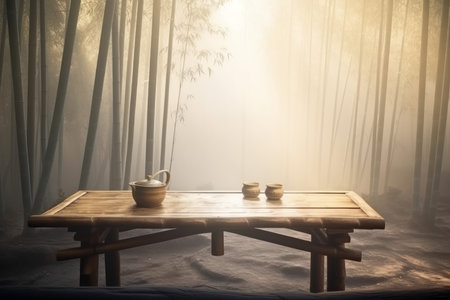 Rainy day bamboo tea table. Food tribe. Generate AIの素材