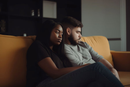 Multiethnic young couple sofa. Relax home. Generate AIの素材