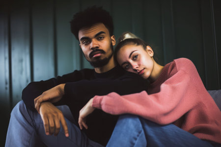 Multiethnic couple sofa together. Room care. Generate AIの素材