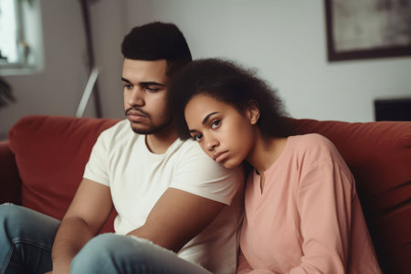 Multiethnic couple sofa. Fun mature talk. Generate AIの素材