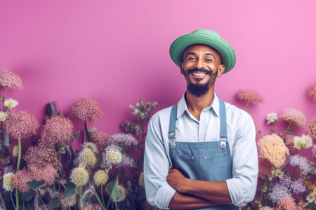 European gardener smiling. Garden flowers. Generate AIの素材