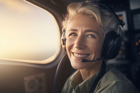 Smiling mature woman pilot. Plane job. Generate AIの素材