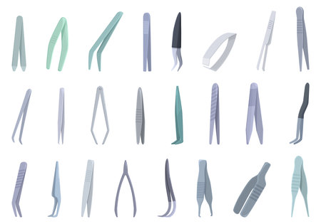 Tweezers icons set cartoon vector. Medical pincers. Metal fashionのイラスト素材