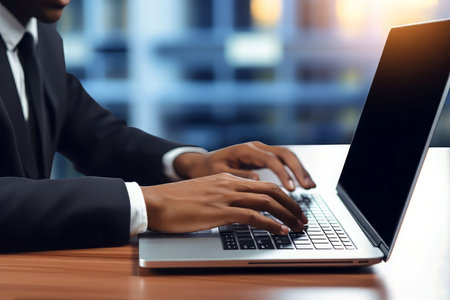 Businessman typing on work laptop. Person desk. Generate AIの素材