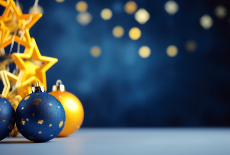 Blue yellow christmas background. Xmas decoration. Generate AIの素材