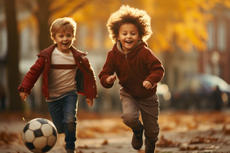 Little children playing football autumn park. Game street. Generate AIの素材