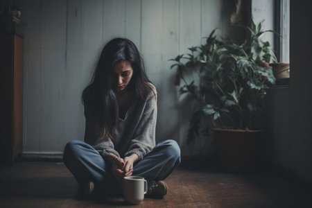 Depressed young woman at home floor. Female stress. Generate AIの素材