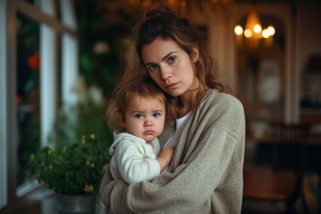Depressed woman with cute baby portrait. adult pain. Generate AIの素材