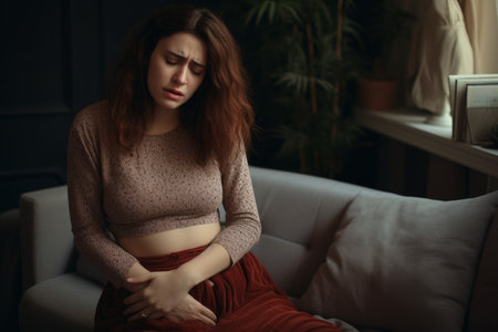Young woman abdominal pain. female inflammation. Generate AIの素材