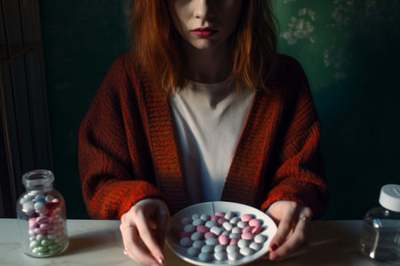 Young woman home pills plate. Therapy skin drugs. Generate AIの素材