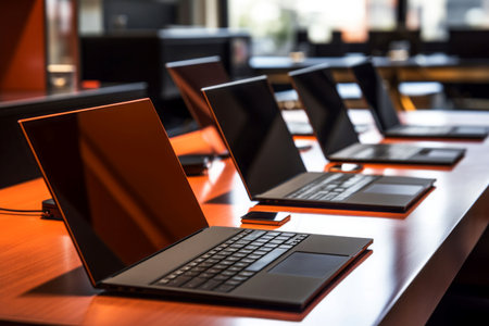 Many laptops on table. Modern mall shop. Generate AIの素材
