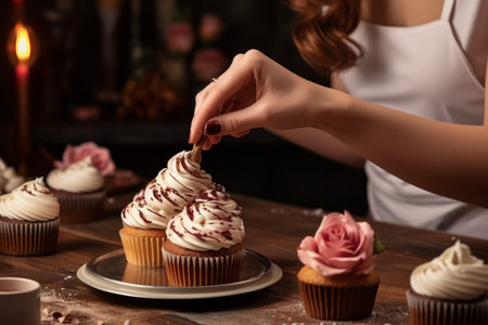 Female baker decorating cupcake. Cooking chef. Generate AIの素材