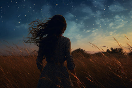 Girl field stars sky landscape. Space field grass. Generate AIの素材