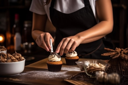 Female baker decorating cupcake with cinnamon. Decor recipe. Generate AIの素材