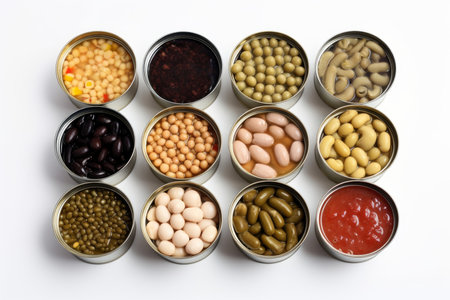 Open tin cans with food top view. Snack meal. Generate AIの素材