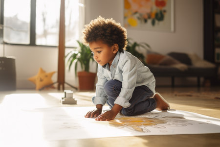 American african boy drawing at morning light. Cute painter. Generate AIの素材