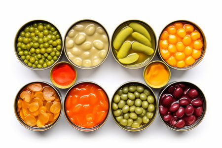 Open tin cans with food cream. Peas container. Generate AIの素材