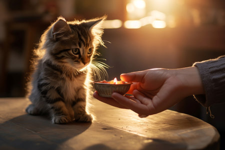 Owner feeding cute cat at home. Breed nutrition. Generate AIの素材