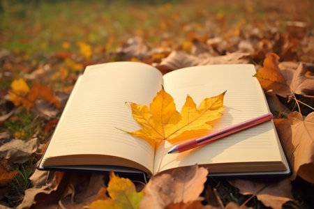 Autumn notebook on leaves. Natural space. Generate AIの素材