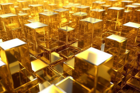 Gold crystals cubes. Metal natural rock. Generate AIの素材