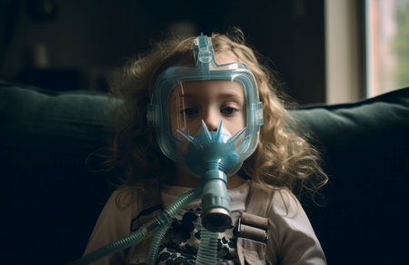 Kid girl wearing nebulizer. Cough therapy. Generate AIの素材
