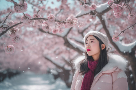 Snow cherry garden woman model. Scenery asian. Generate AIの素材