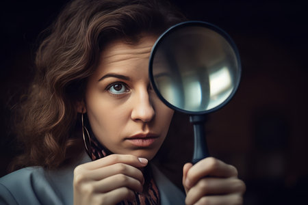 Woman magnifying spy glass. Search young. Generate AIの素材