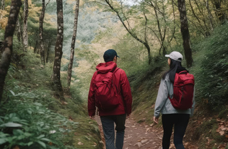 Couple forest walking traveling. Warm nature. Generate AIの素材
