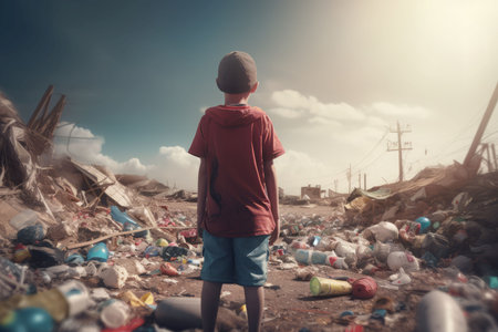 Kid stand in garbage. Work plastic. Generate AIの素材