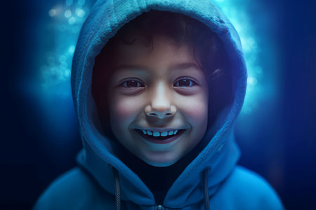 Child smiling blue aura happy. Face beauty. Generate AIの素材