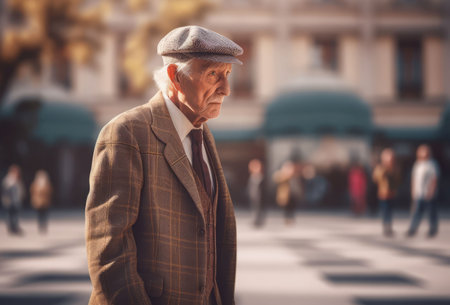 Elderly gentleman walking city. Casual citizen. Generate AIの素材