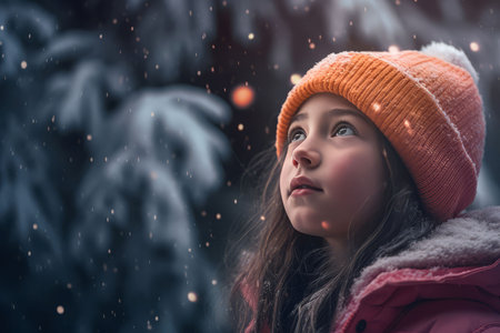 Girl first snowfall. Nature happy portrait. Generate AIの素材
