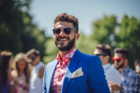 Joyful groom wedding. Party bride. Generate AIの素材