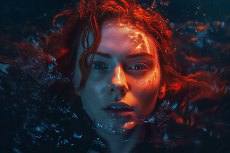 Woman red water. Color beauty. Generate AIの素材