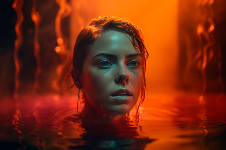 Woman red water scary. Paint wind. Generate AIの素材