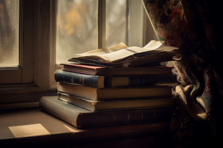 Old books stack on window. Ancient poetry. Generate AIの素材