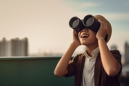 Asian boy exploring binoculars. Freedom looking. Generate AIの素材