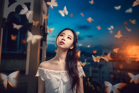 Chinese model white dress pretty. Happy person. Generate AIの素材