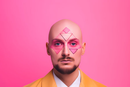 Bald man makeup pink triangular. Space color. Generate AIの素材