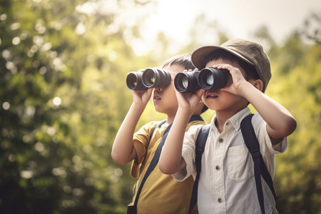Kids exploring binoculars. Explorer education. Generate AIの素材