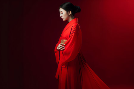 Asian woman red dress person. Space portrait. Generate AIの素材