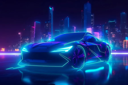 Car future neon. Retro game road. Generate AIの素材