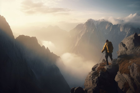 Adventurer climbing. Outdoor success person. Generate AIの素材